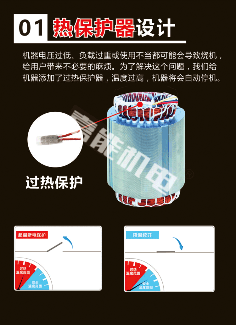 優(yōu)勢(shì)一：繞組接有優(yōu)質(zhì)熱保護(hù)器，在水泵出現(xiàn)溫度過(guò)高的情況時(shí)，會(huì)自動(dòng)停機(jī)，保護(hù)水泵不燒機(jī)